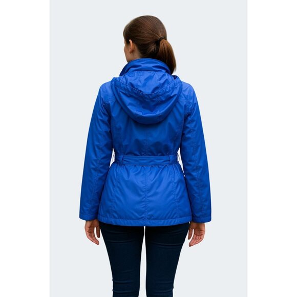 Merona Womens Blue Hooded Belted Rain Jacket Polyester Waterproof Coat Medium - Picture 4 of 15